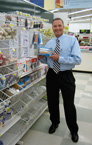 George Davison with product invention Better Bobbin in the store