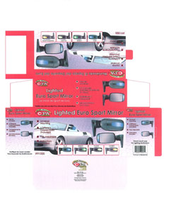 Packaging CAD Drawing for Davison Produced Product Invention Lighted Euro (Red) Sport Mirror