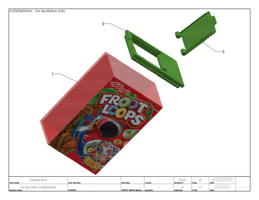 Product Engineering Drawings for Davison Produced Product Invention Kellogg’s Froot Loops Cereal Box On-The-Go