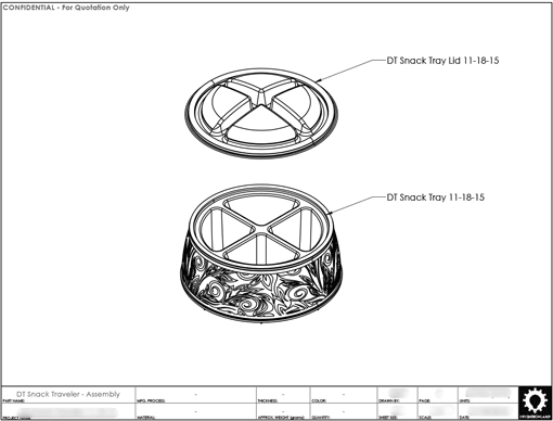 Product Engineering Drawings for Davison Produced Product Invention David Tutera Dessert Carrier Divided Serving Bowl Insert