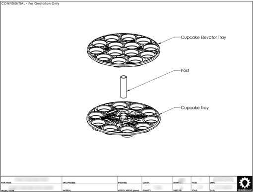 Product Engineering Drawings for Davison Produced Product Invention David Tutera Dessert Carrier 2-Tier Cupcake Insert