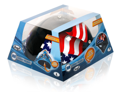 Final Manufactured Product for Davison Produced Product Invention Fuel Helmet Packaging (Stars and Stripes)