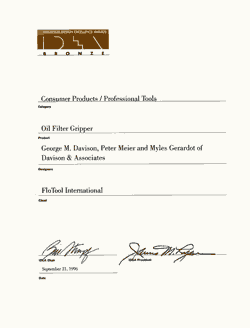 Oil Filter Gripper award certificate