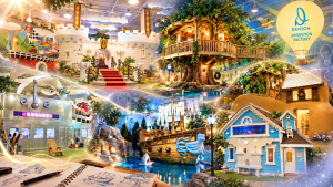 Collage of Davison’s invention factory featuring a castle, treehouse, pirate ship, and themed creative spaces.