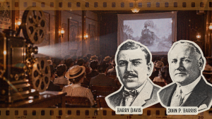 Portraits labeled Harry Davis and John P. Harris over an illustration of a Nickelodeon movie theater audience.